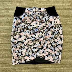 Bebe Satin Ruched Floral Mini Skirt